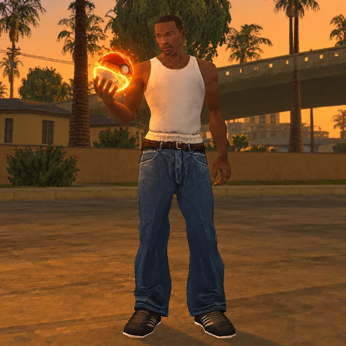 CJ on Grove Street holding a glowing red and white ball